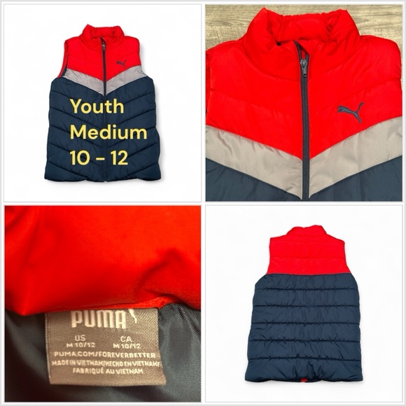 Puma Youth Medium 10 12 Puffer Vest Jacket Sleeveless Red Blue Outerwear NWOT - Picture 1 of 9